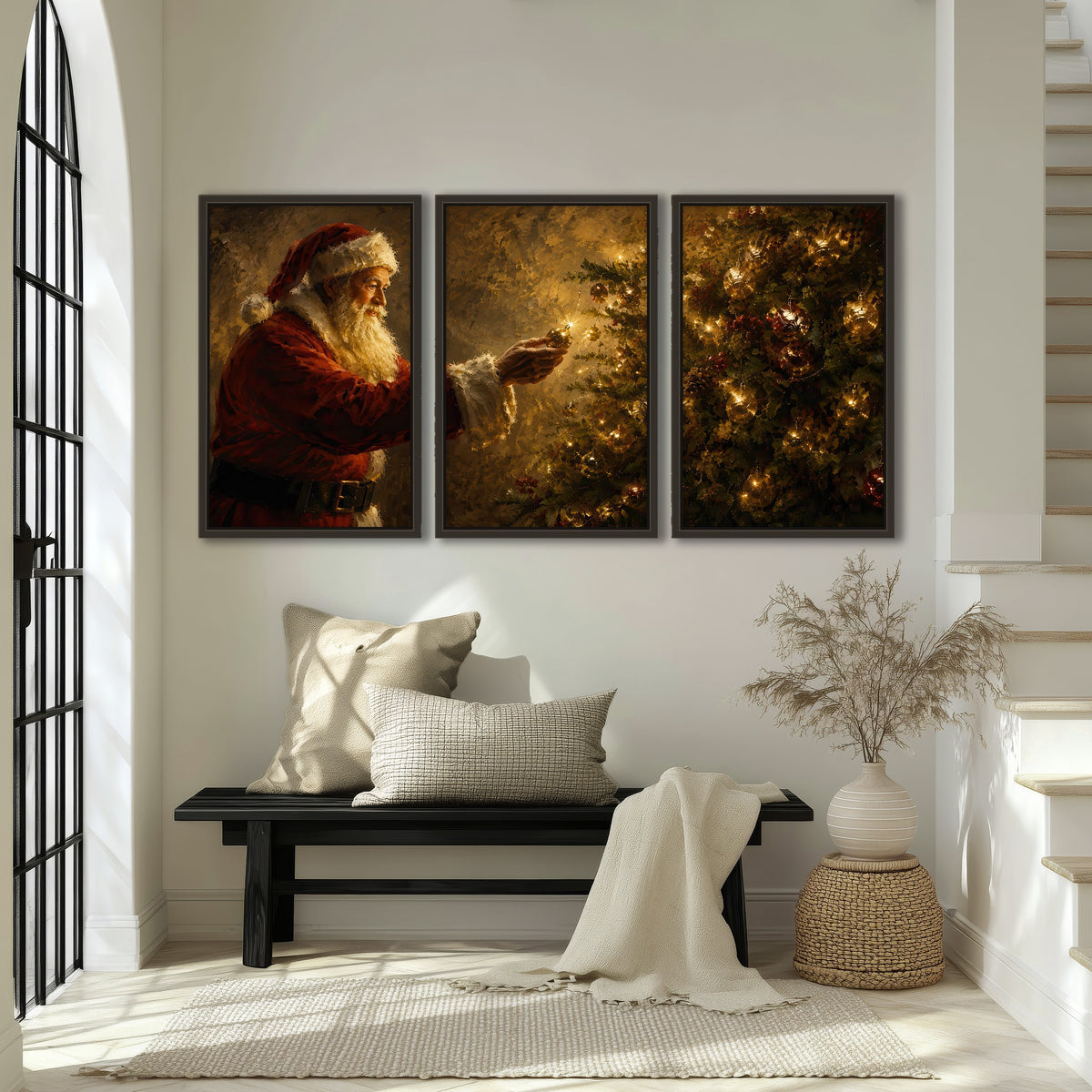 Santa and Christmas tree painting 3 piece framed canvas in an entryway above a bench