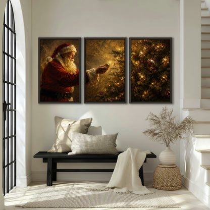 Santa and Christmas tree painting 3 piece framed canvas in an entryway above a bench
