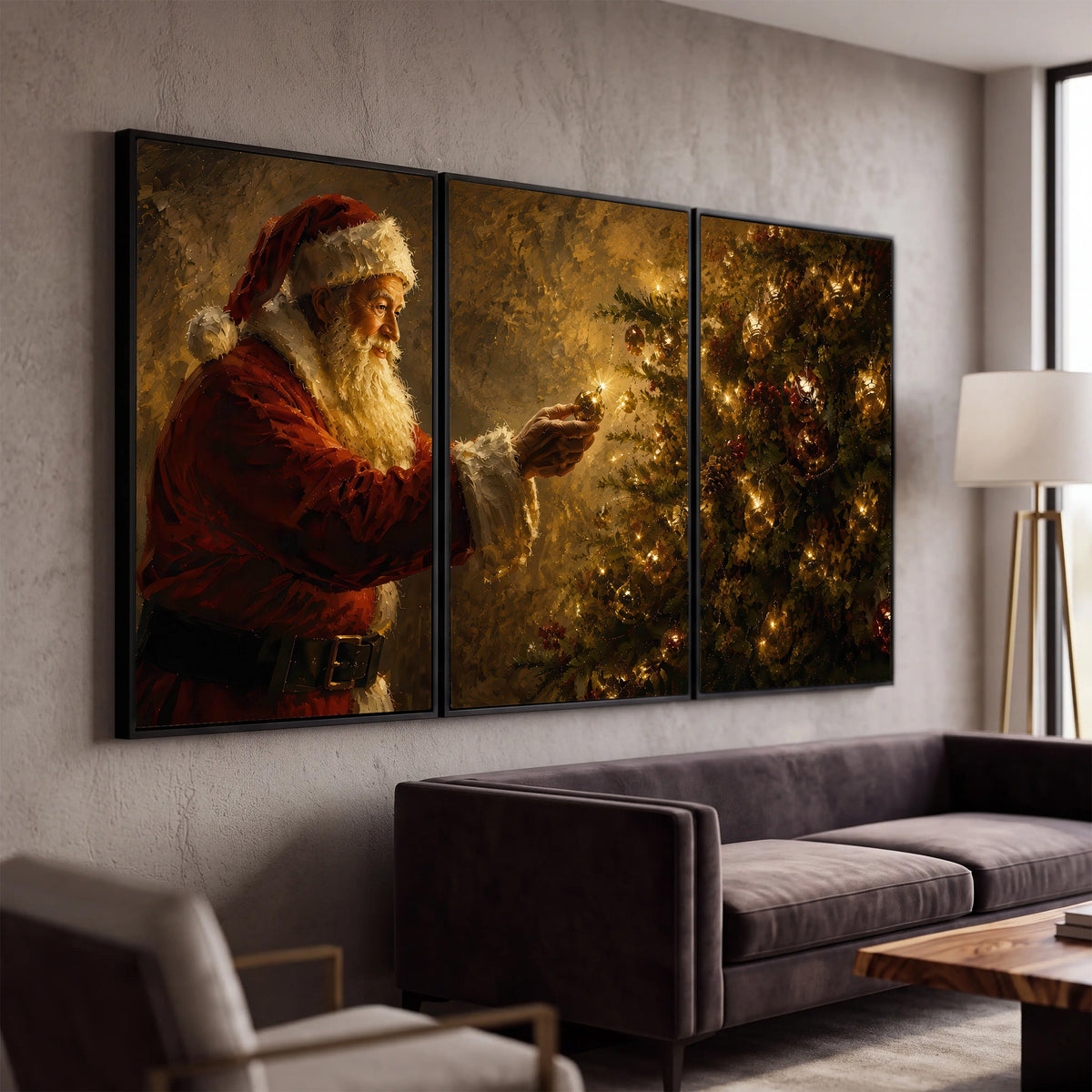 Santa and Christmas tree painting 3 piece framed canvas in a modern living room