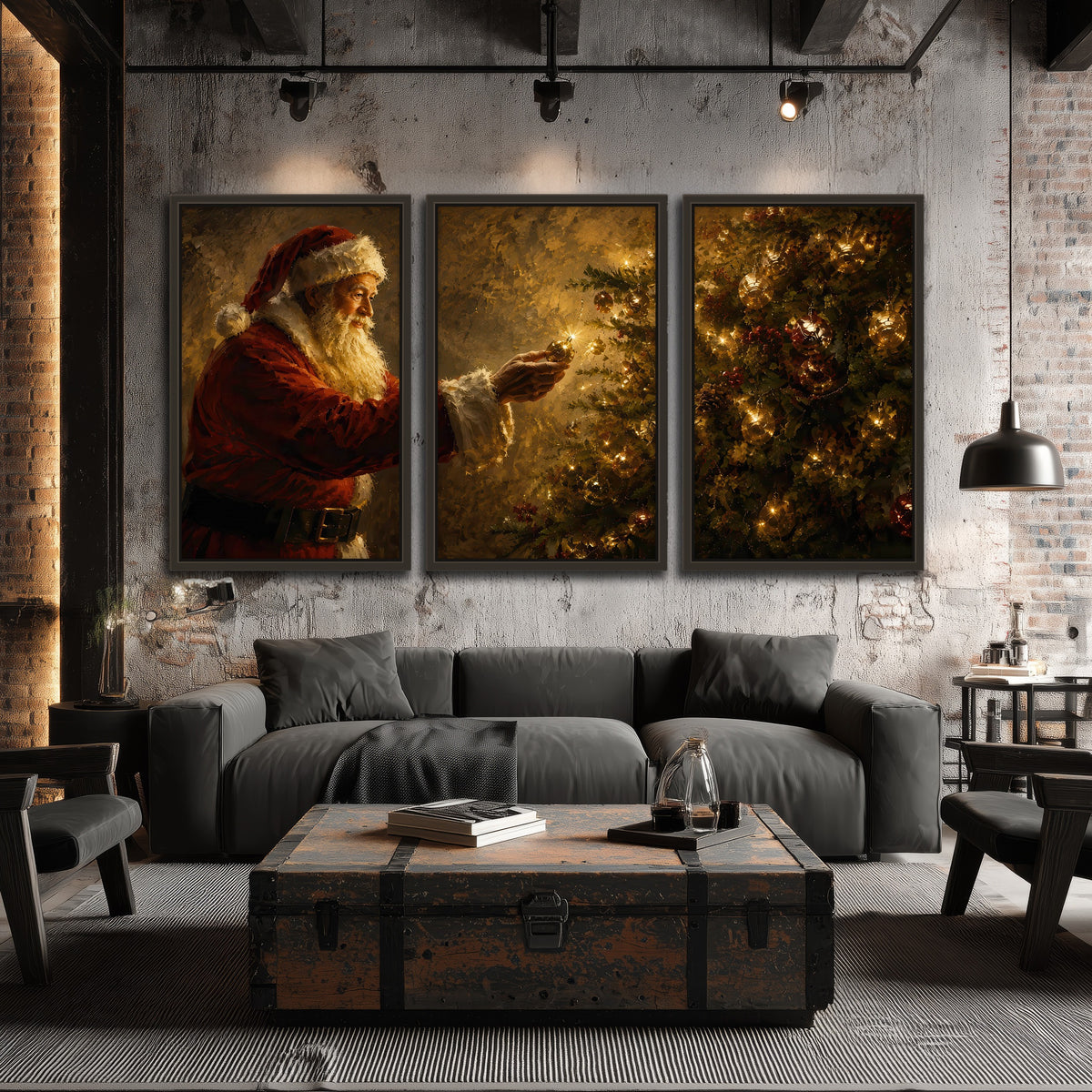 Santa and Christmas tree painting 3 piece framed canvas in an industrial loft