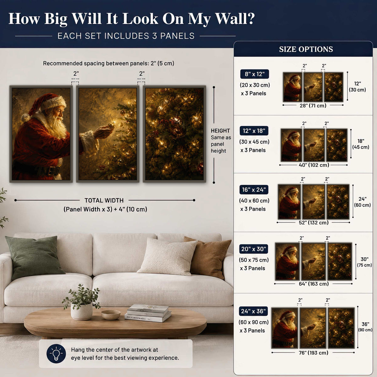 Santa and Christmas tree painting 3 piece framed canvas size guide above a sofa