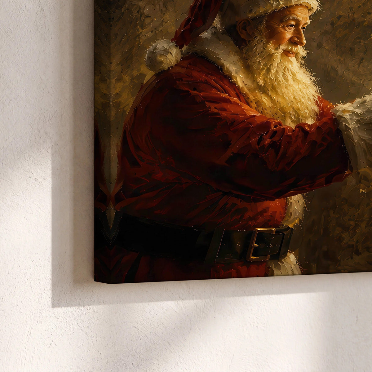 Santa and Christmas tree painting canvas print close-up showing the gallery-wrapped edge