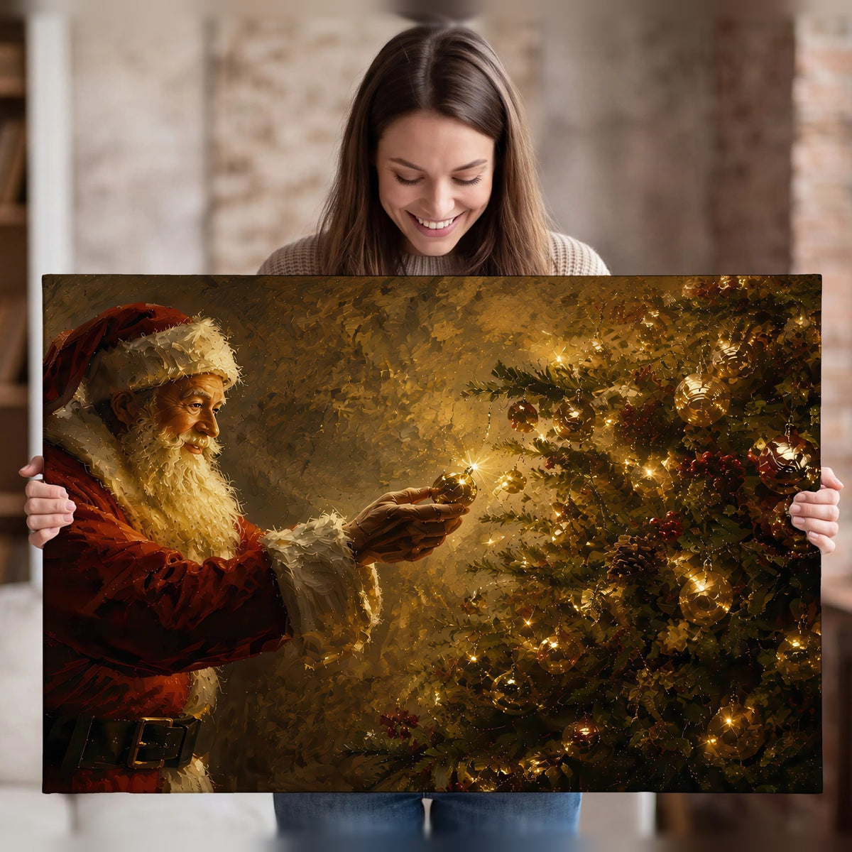 Santa and Christmas tree painting canvas wall art held in hands