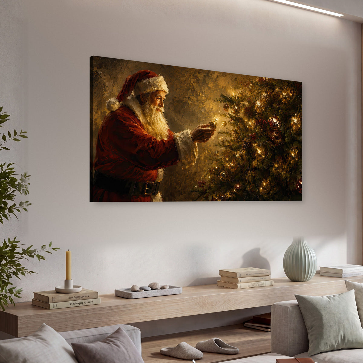 Santa and Christmas tree painting canvas wall art in a living room above a console