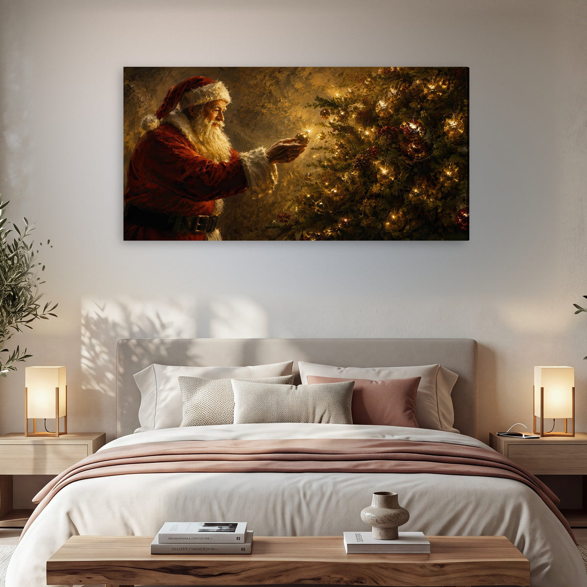 Santa and Christmas tree painting canvas wall art in a bedroom above the bed