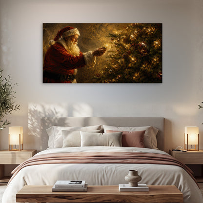 Santa and Christmas tree painting canvas wall art in a bedroom above the bed