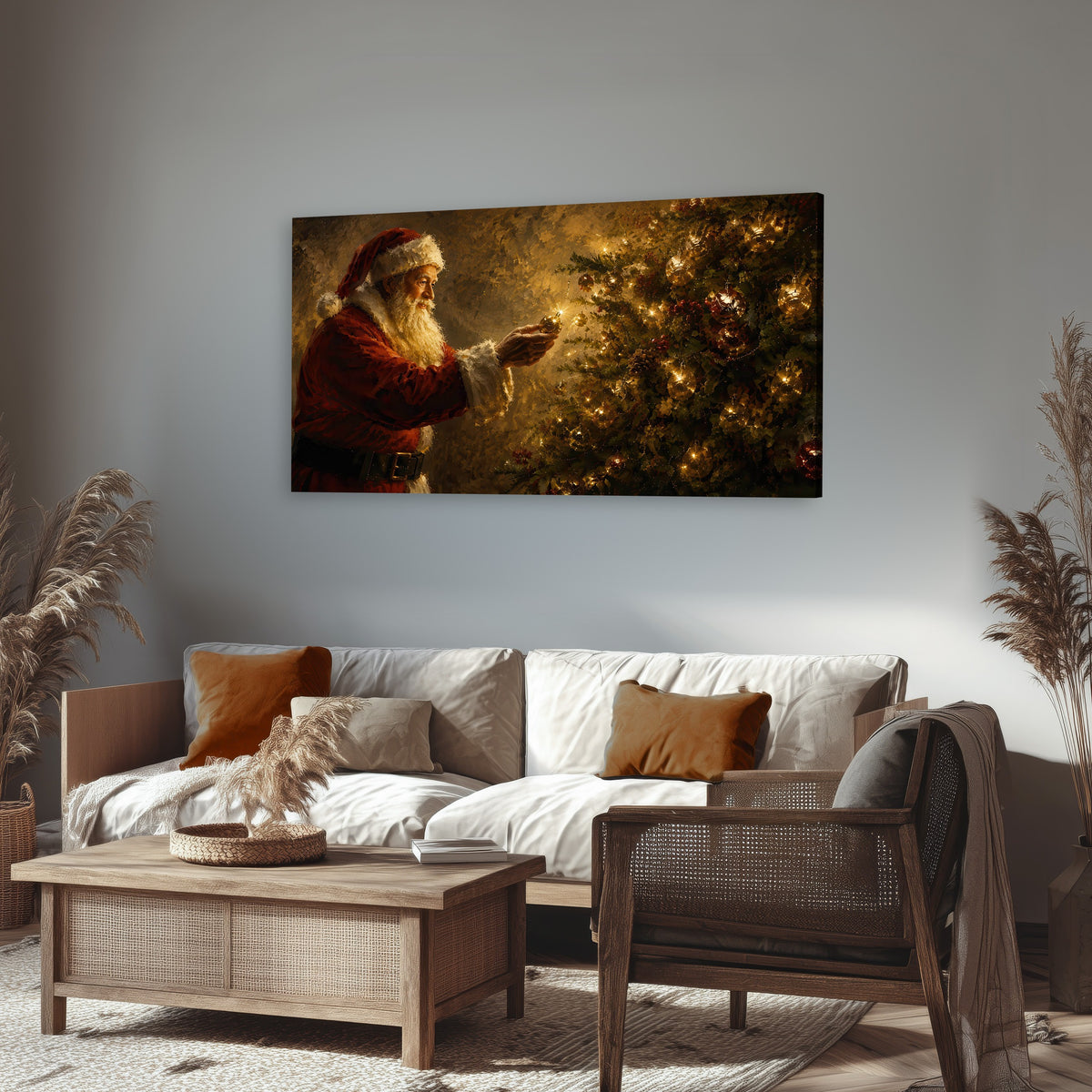 Santa and Christmas tree painting canvas wall art in a rustic living room
