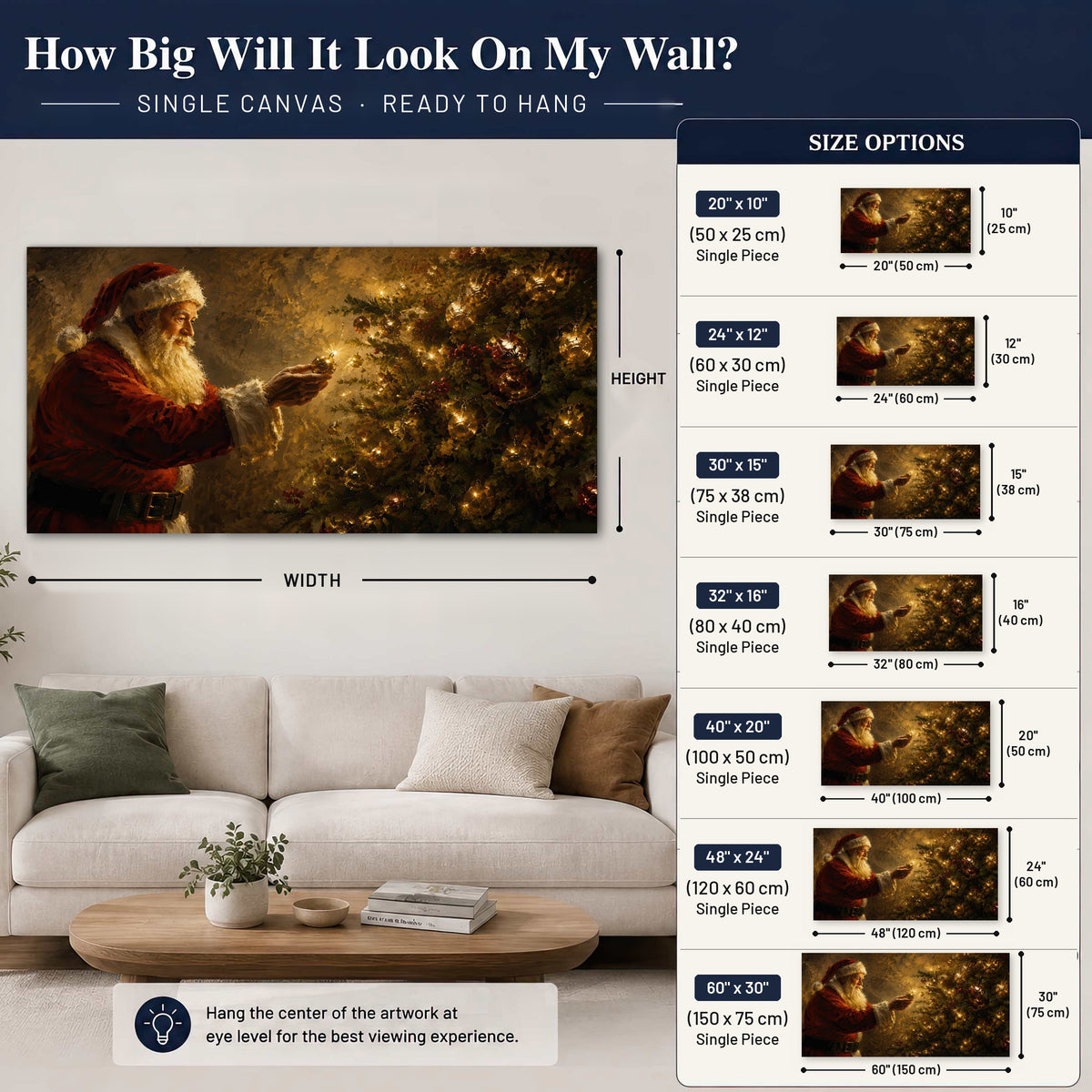 Santa and Christmas tree painting canvas wall art size guide above a sofa