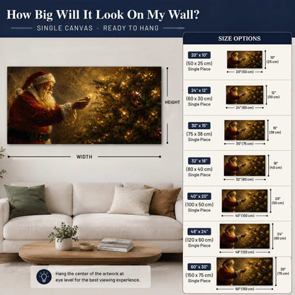 Santa and Christmas tree painting canvas wall art size guide above a sofa