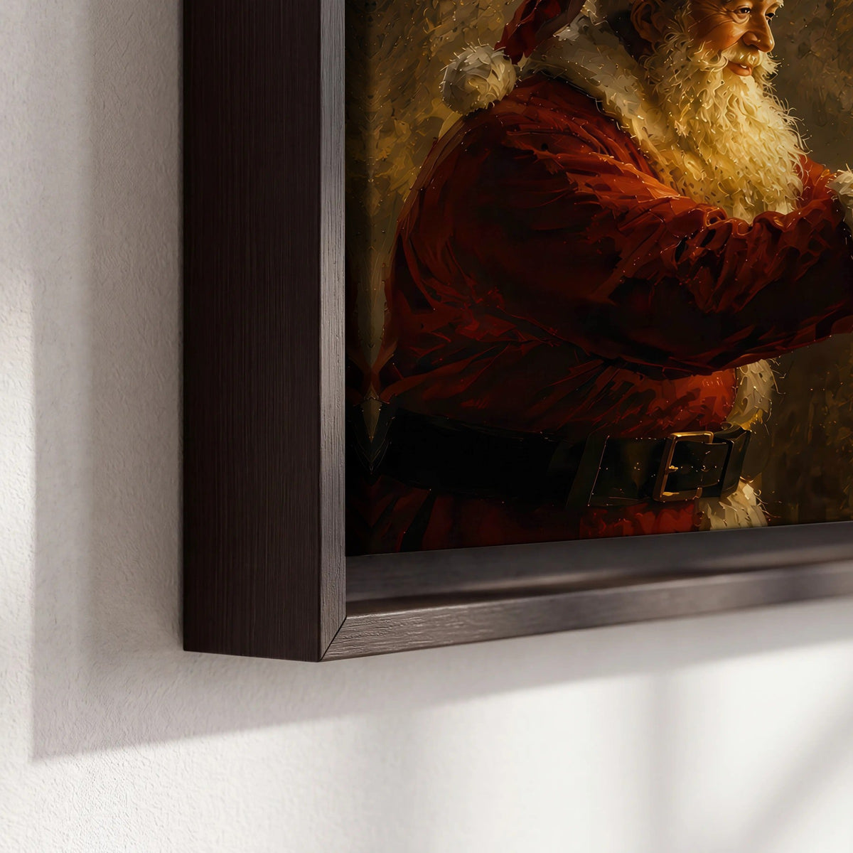 Santa and Christmas tree painting framed canvas close-up showing the floating frame