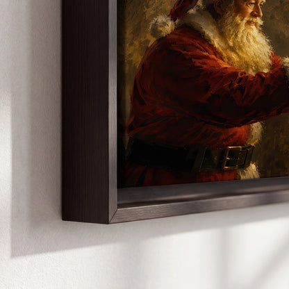 Santa and Christmas tree painting framed canvas close-up showing the floating frame