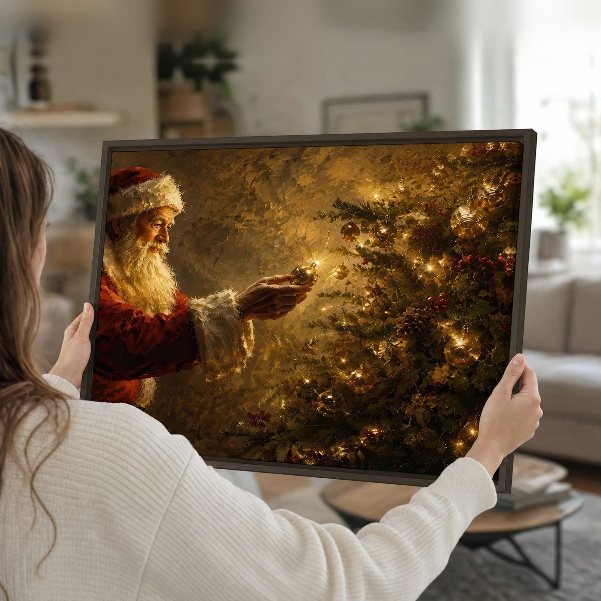 Santa and Christmas tree painting framed canvas held in hands