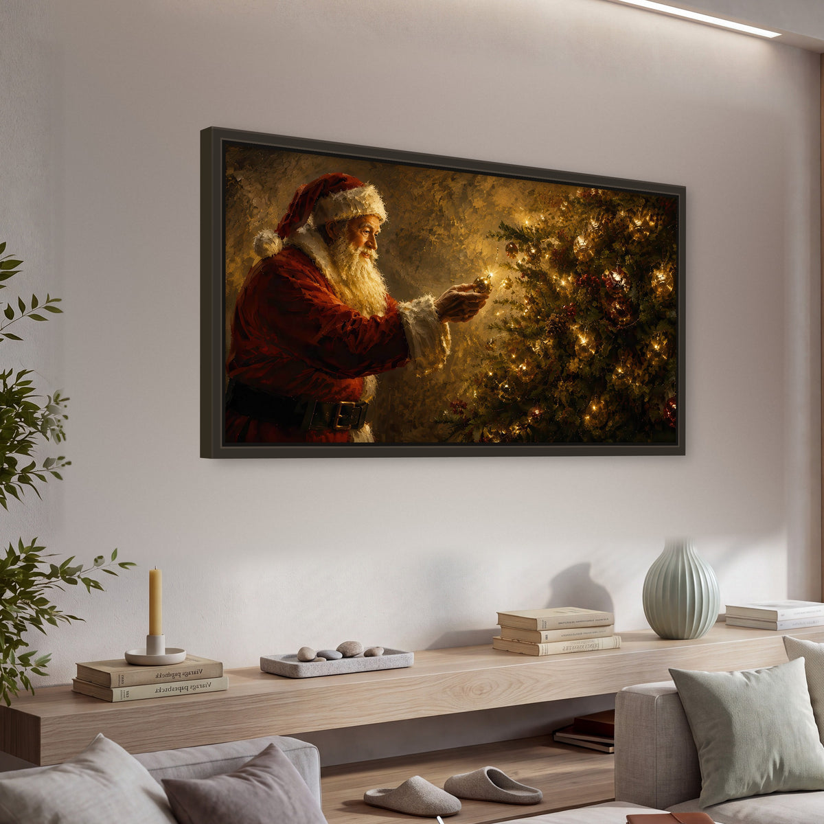 Santa and Christmas tree painting framed canvas wall art in a living room above a console