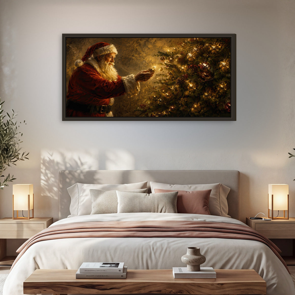 Santa and Christmas tree painting framed canvas wall art in a bedroom above the bed