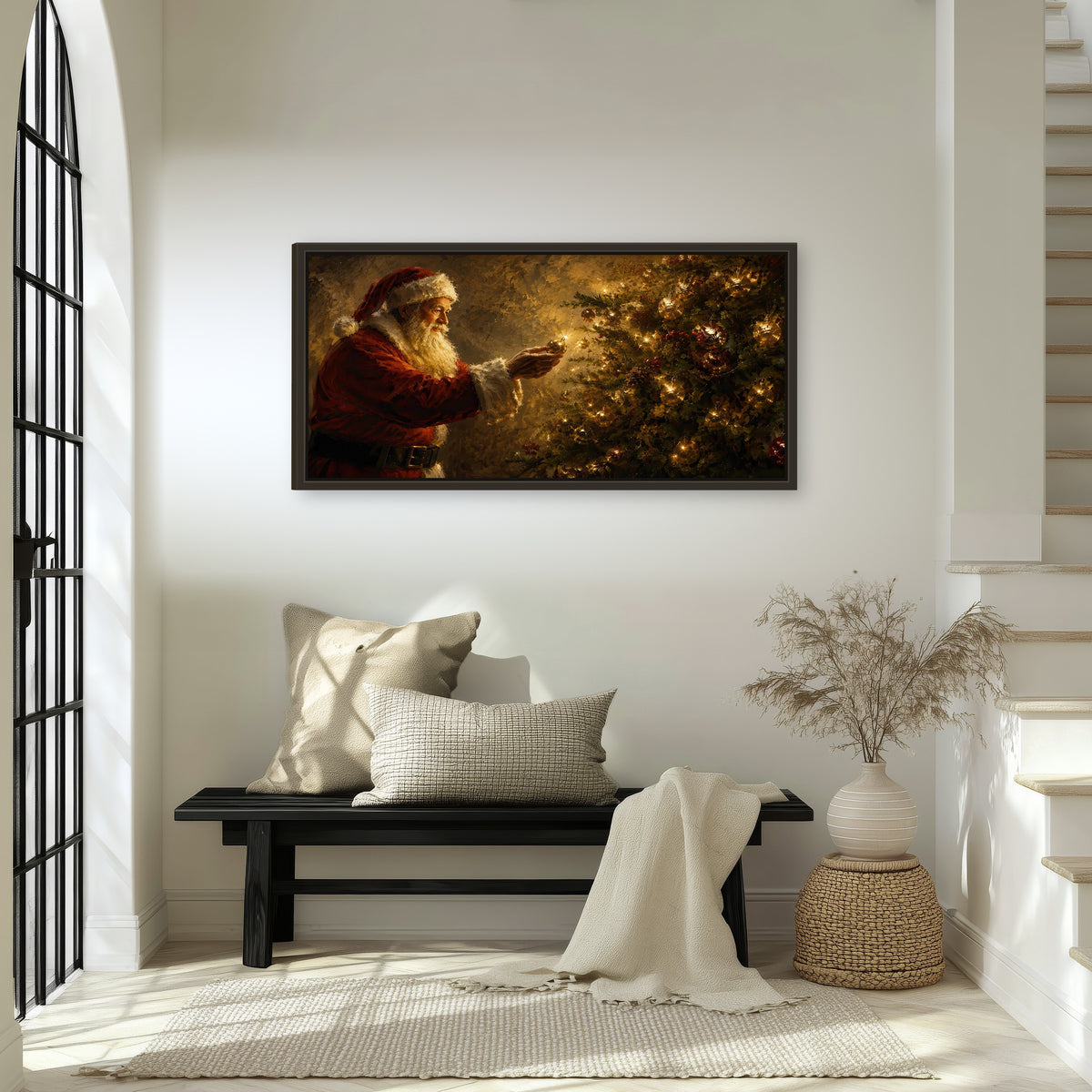 Santa and Christmas tree painting framed canvas wall art in an entryway above a bench
