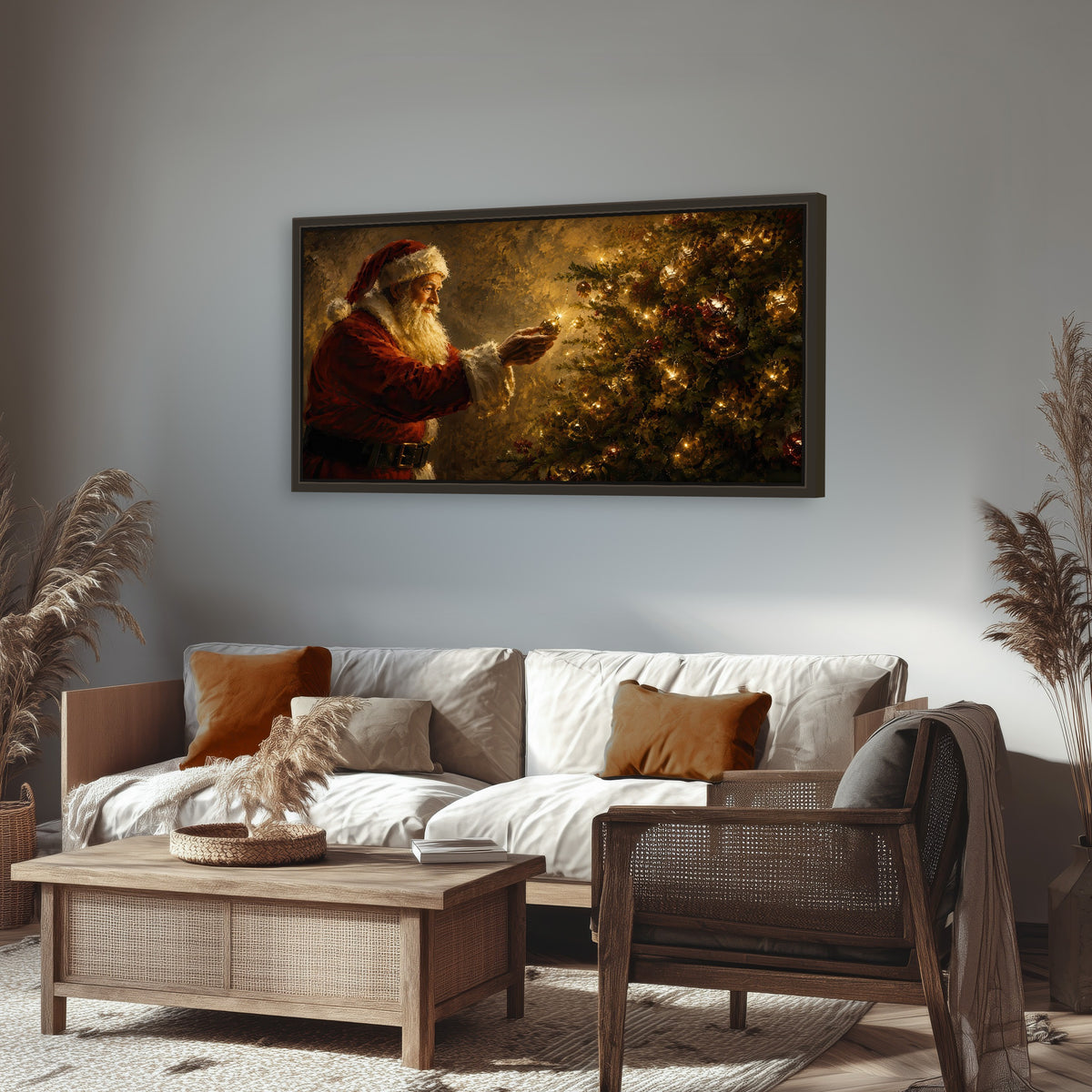 Santa and Christmas tree painting framed canvas wall art in a rustic living room