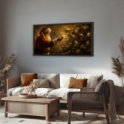 Santa and Christmas tree painting framed canvas wall art in a rustic living room