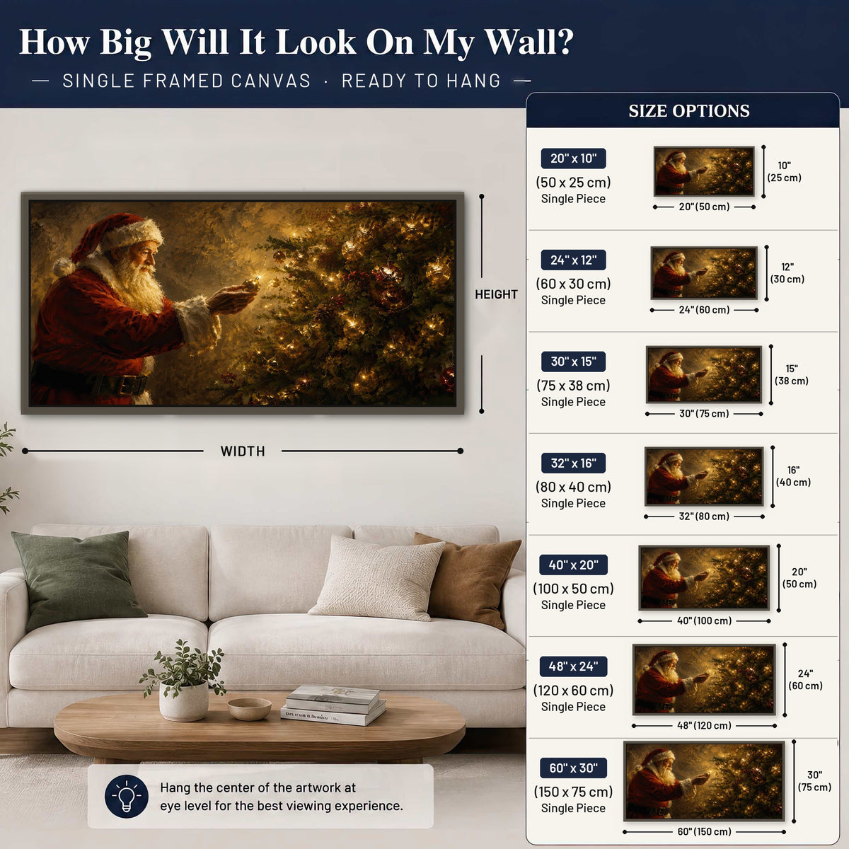 Santa and Christmas tree painting framed canvas wall art size guide above a sofa