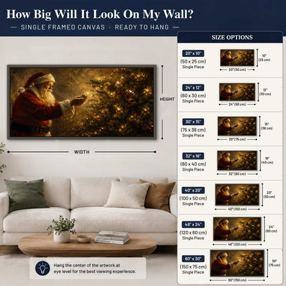 Santa and Christmas tree painting framed canvas wall art size guide above a sofa