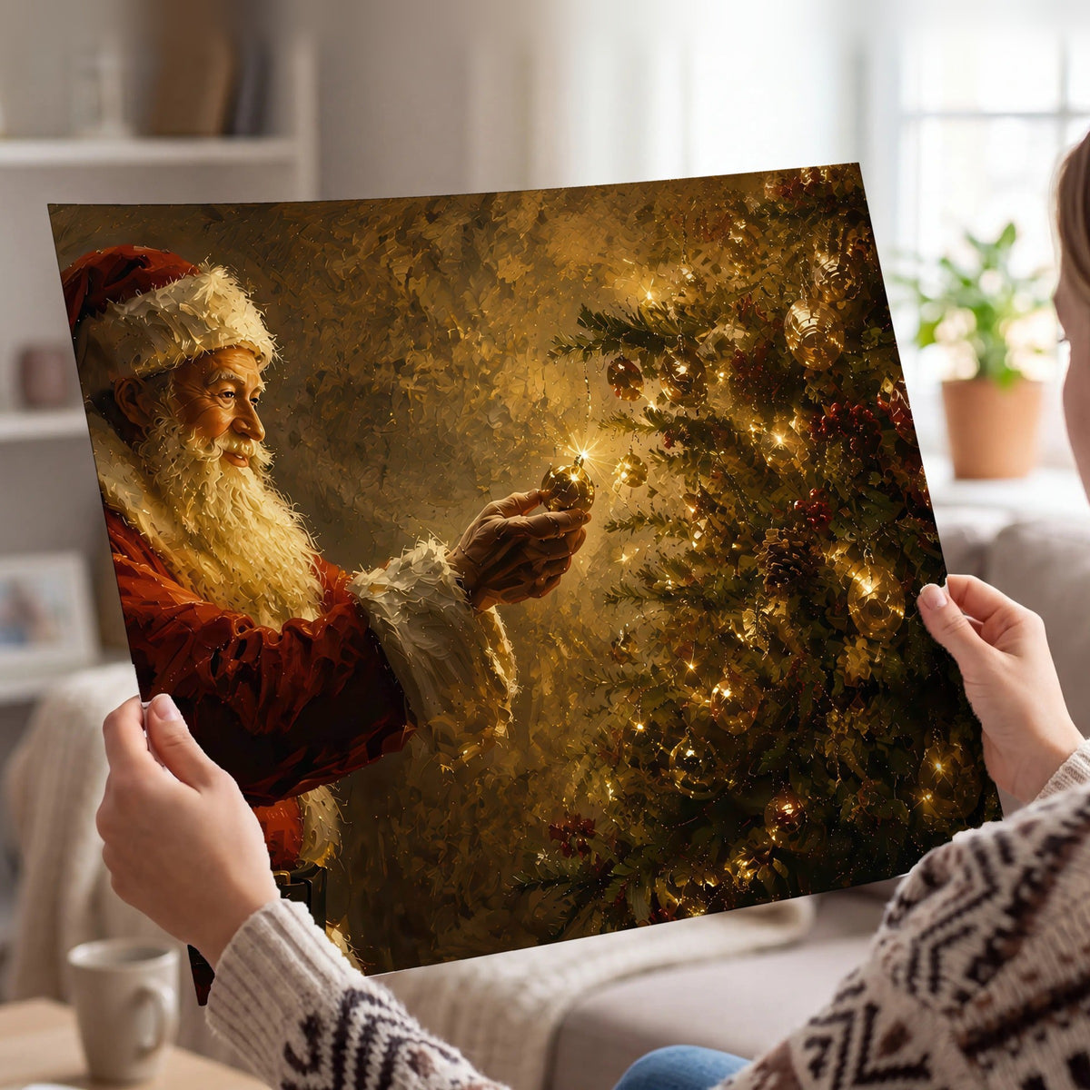 Santa and Christmas tree painting poster print held in hands
