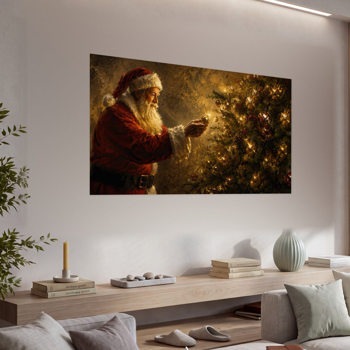 Santa and Christmas tree painting poster print in a living room above a console