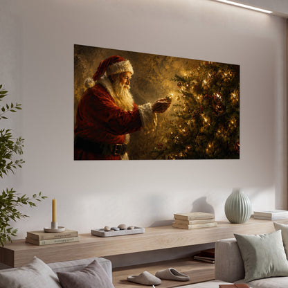 Santa and Christmas tree painting poster print in a living room above a console