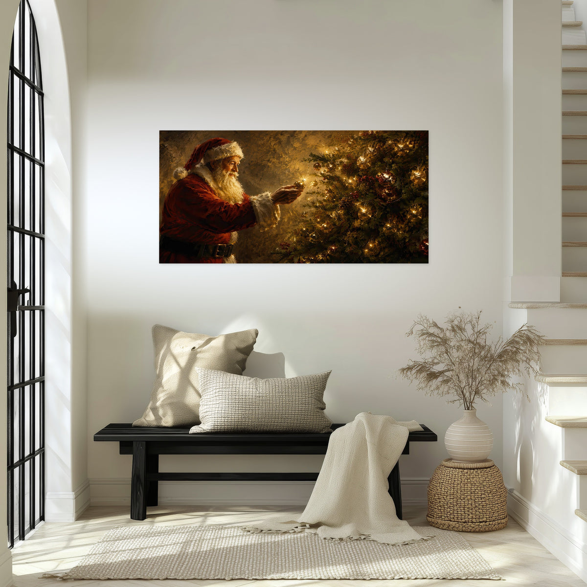 Santa and Christmas tree painting poster print in an entryway above a bench