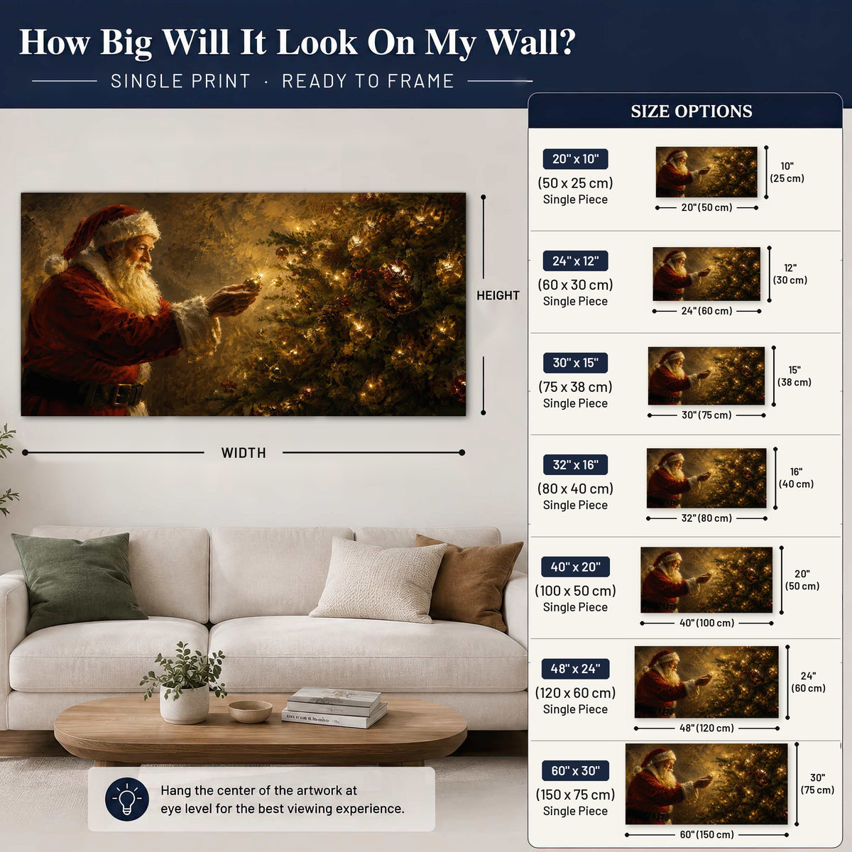Santa and Christmas tree painting poster print size guide above a sofa