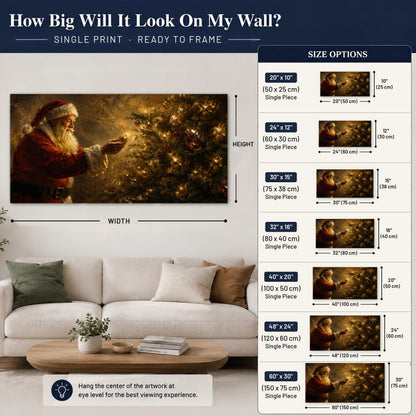 Santa and Christmas tree painting poster print size guide above a sofa