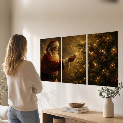 Santa and Christmas tree painting set of 3 poster prints in a living room
