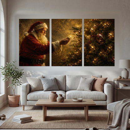 Santa and Christmas tree painting set of 3 poster prints in a bright living room