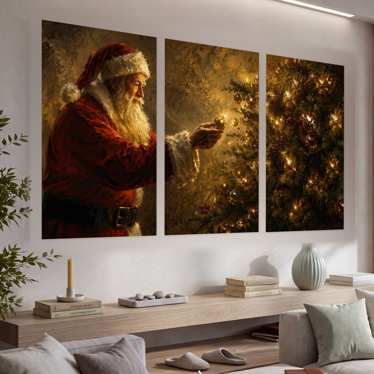 Santa and Christmas tree painting set of 3 poster prints in a living room above a console