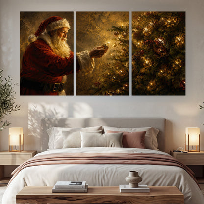 Santa and Christmas tree painting set of 3 poster prints in a bedroom above the bed
