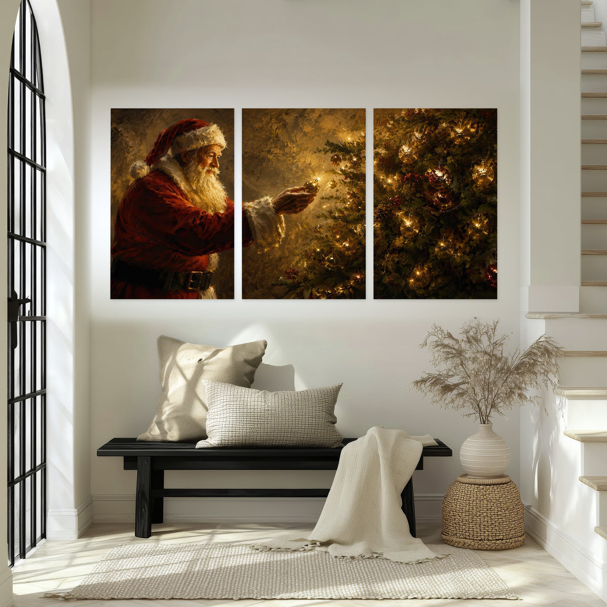 Santa and Christmas tree painting set of 3 poster prints in an entryway above a bench