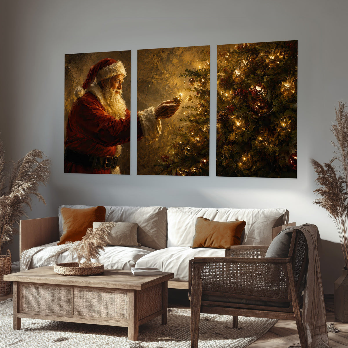 Santa and Christmas tree painting set of 3 poster prints in a rustic living room