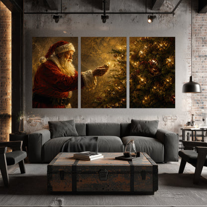 Santa and Christmas tree painting set of 3 poster prints in an industrial loft