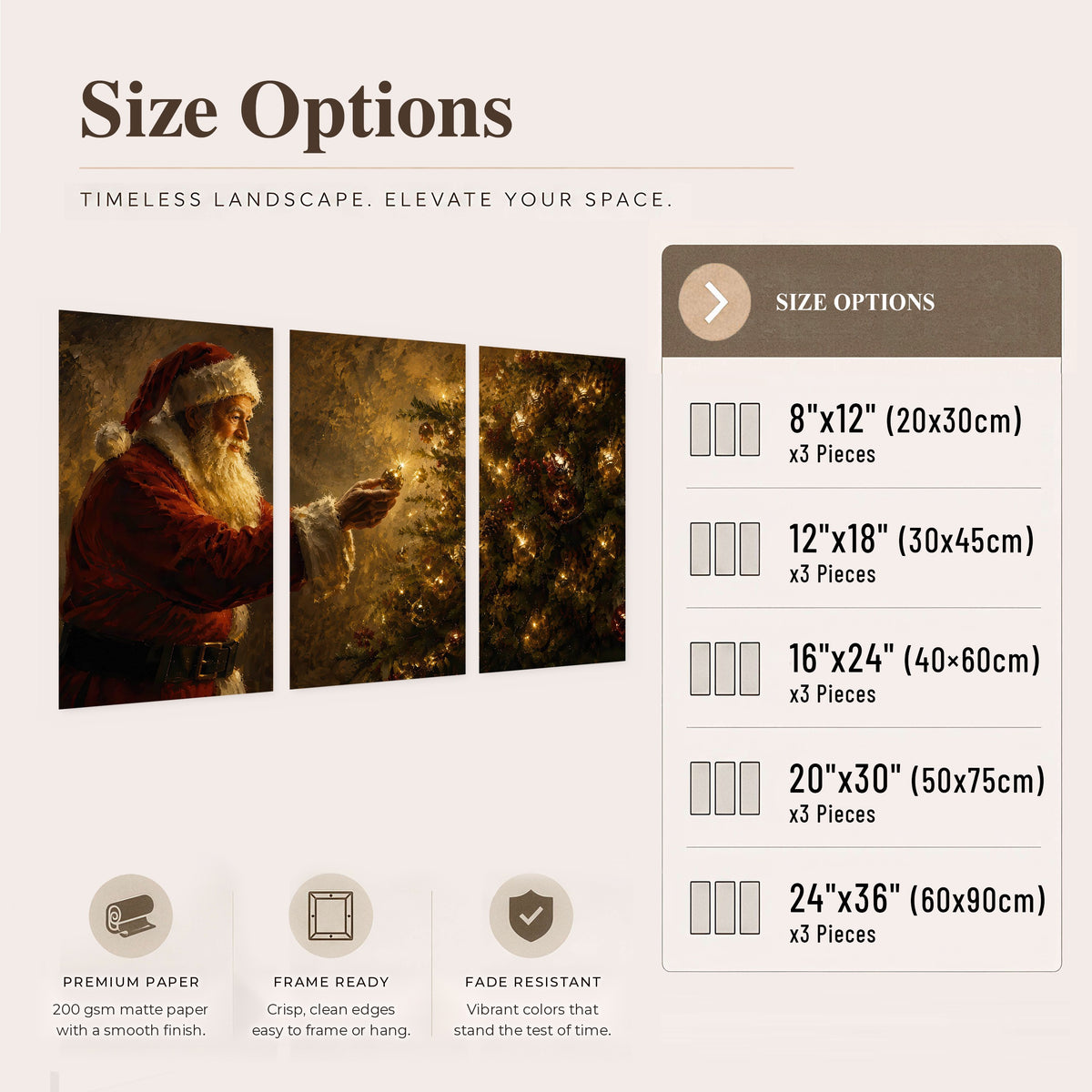 Santa and Christmas tree painting set of 3 poster prints size options