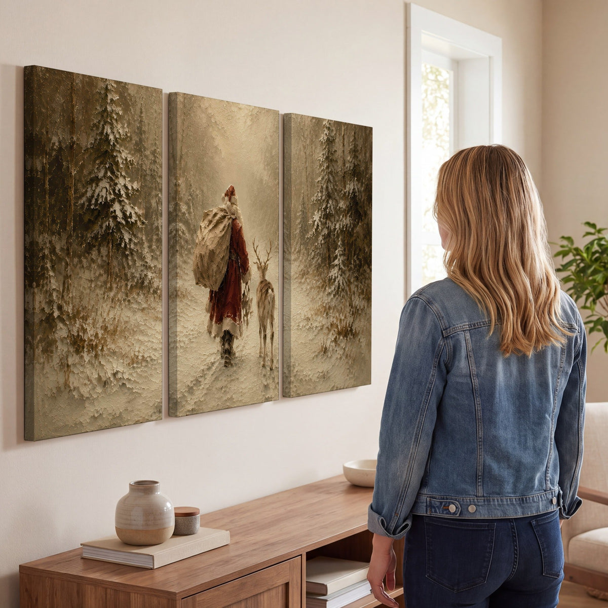 Santa and reindeer painting 3 piece canvas wall art in a living room
