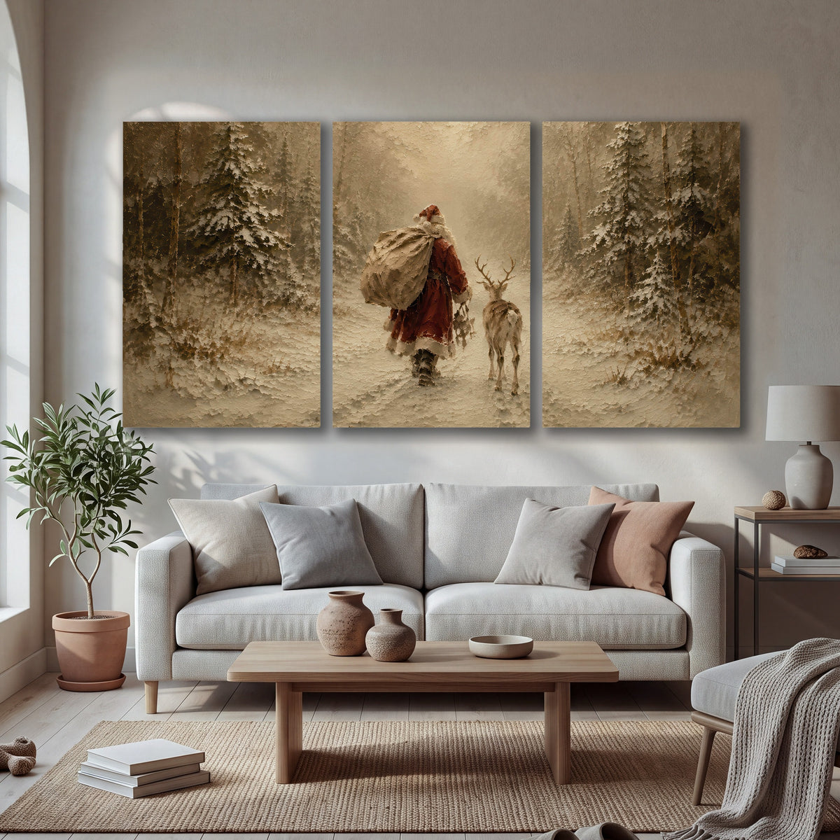 Santa and reindeer painting 3 piece canvas wall art in a bright living room