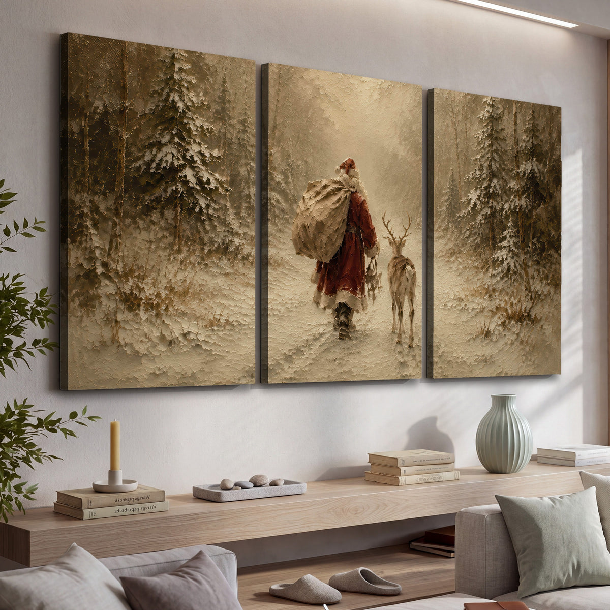 Santa and reindeer painting 3 piece canvas wall art in a living room above a console