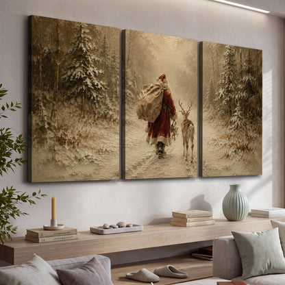Santa and reindeer painting 3 piece canvas wall art in a living room above a console