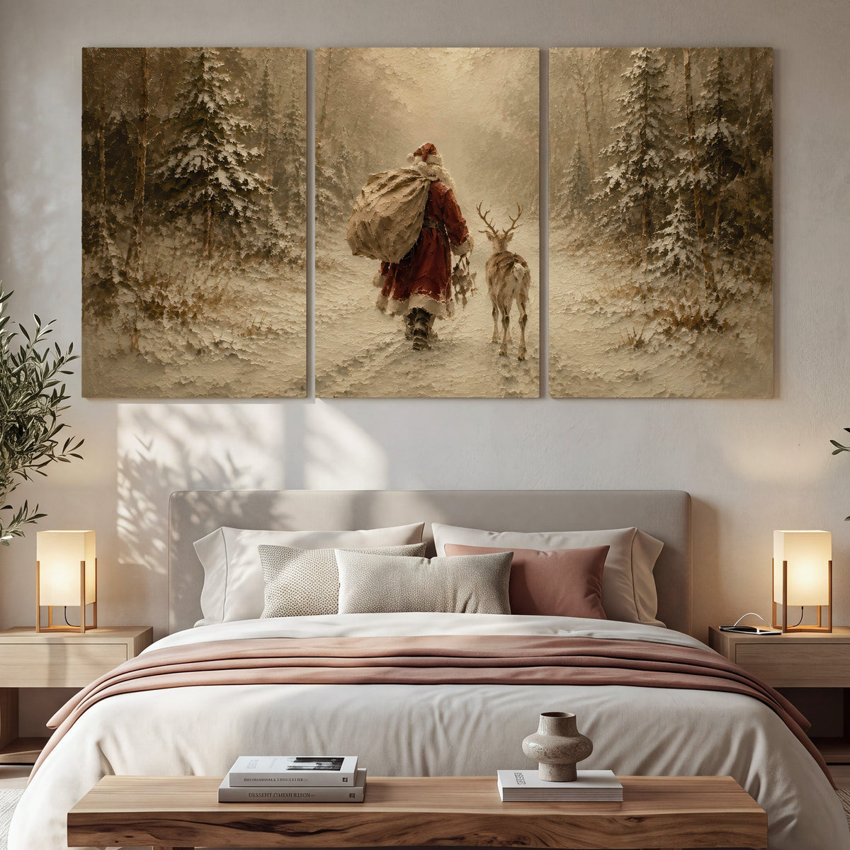 Santa and reindeer painting 3 piece canvas wall art in a bedroom above the bed