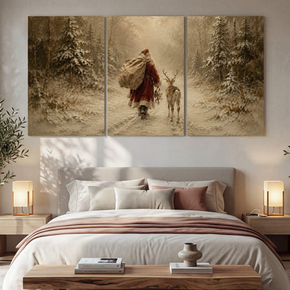 Santa and reindeer painting 3 piece canvas wall art in a bedroom above the bed
