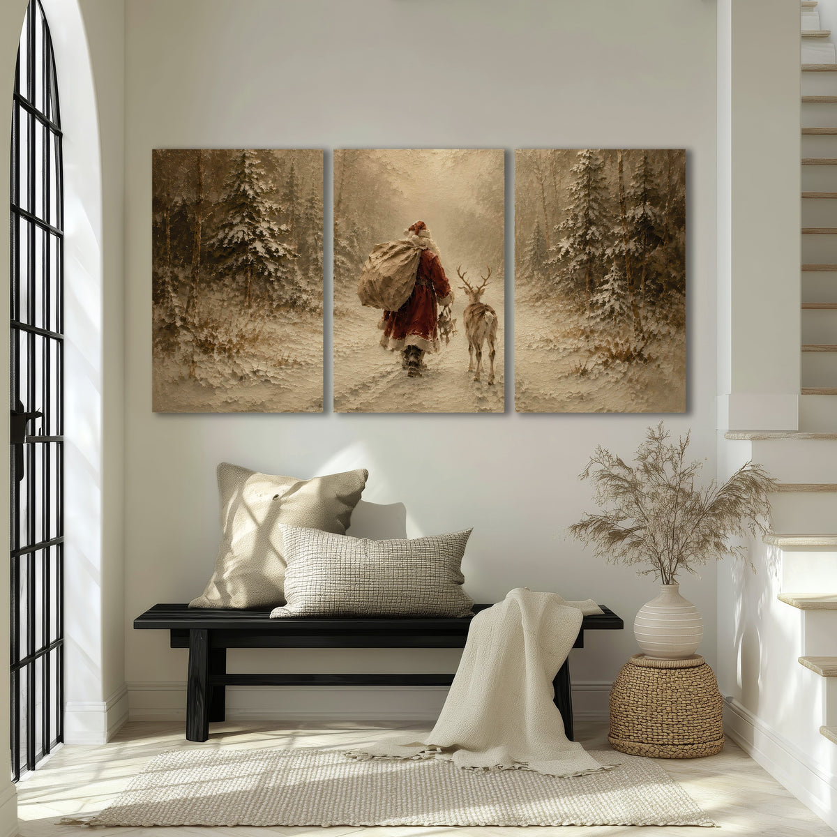 Santa and reindeer painting 3 piece canvas wall art in an entryway above a bench