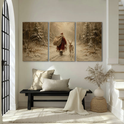 Santa and reindeer painting 3 piece canvas wall art in an entryway above a bench