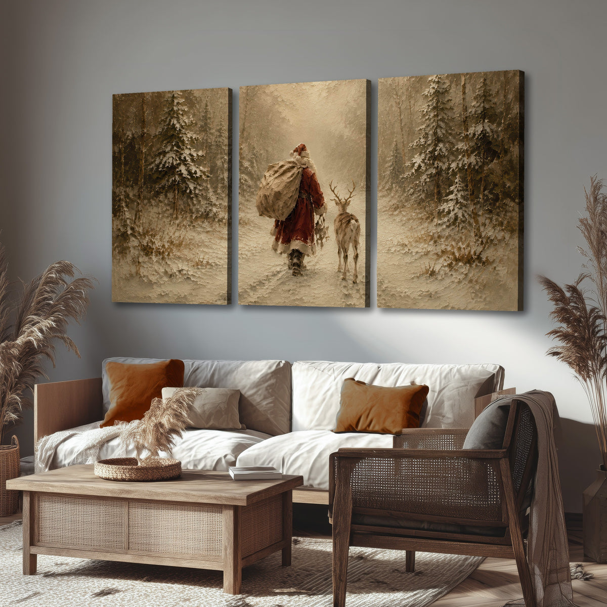 Santa and reindeer painting 3 piece canvas wall art in a rustic living room