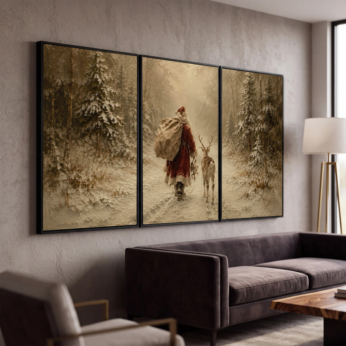 Santa and reindeer painting 3 piece canvas wall art in a modern living room