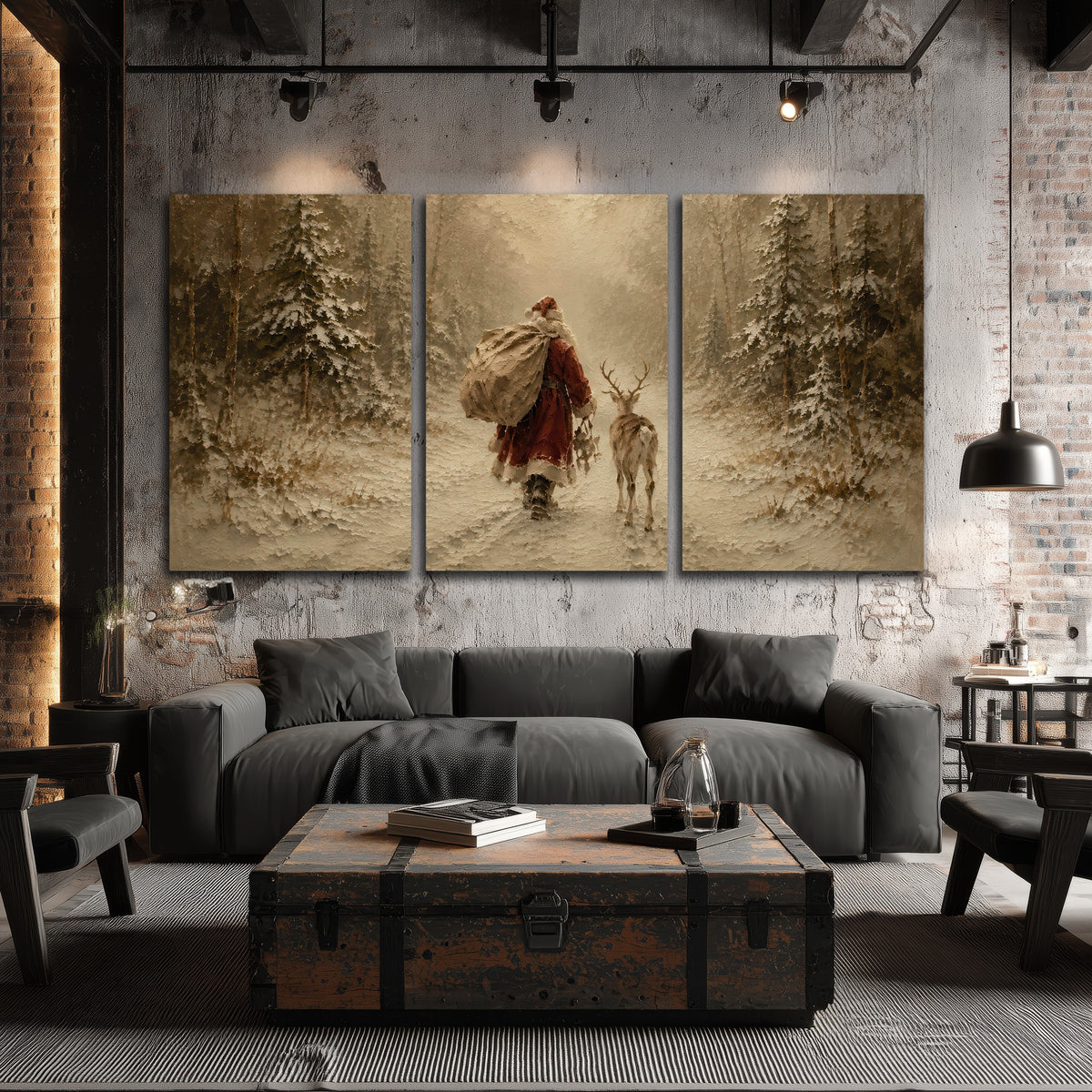 Santa and reindeer painting 3 piece canvas wall art in an industrial loft