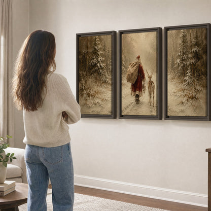 Santa and reindeer painting 3 piece framed canvas in a living room