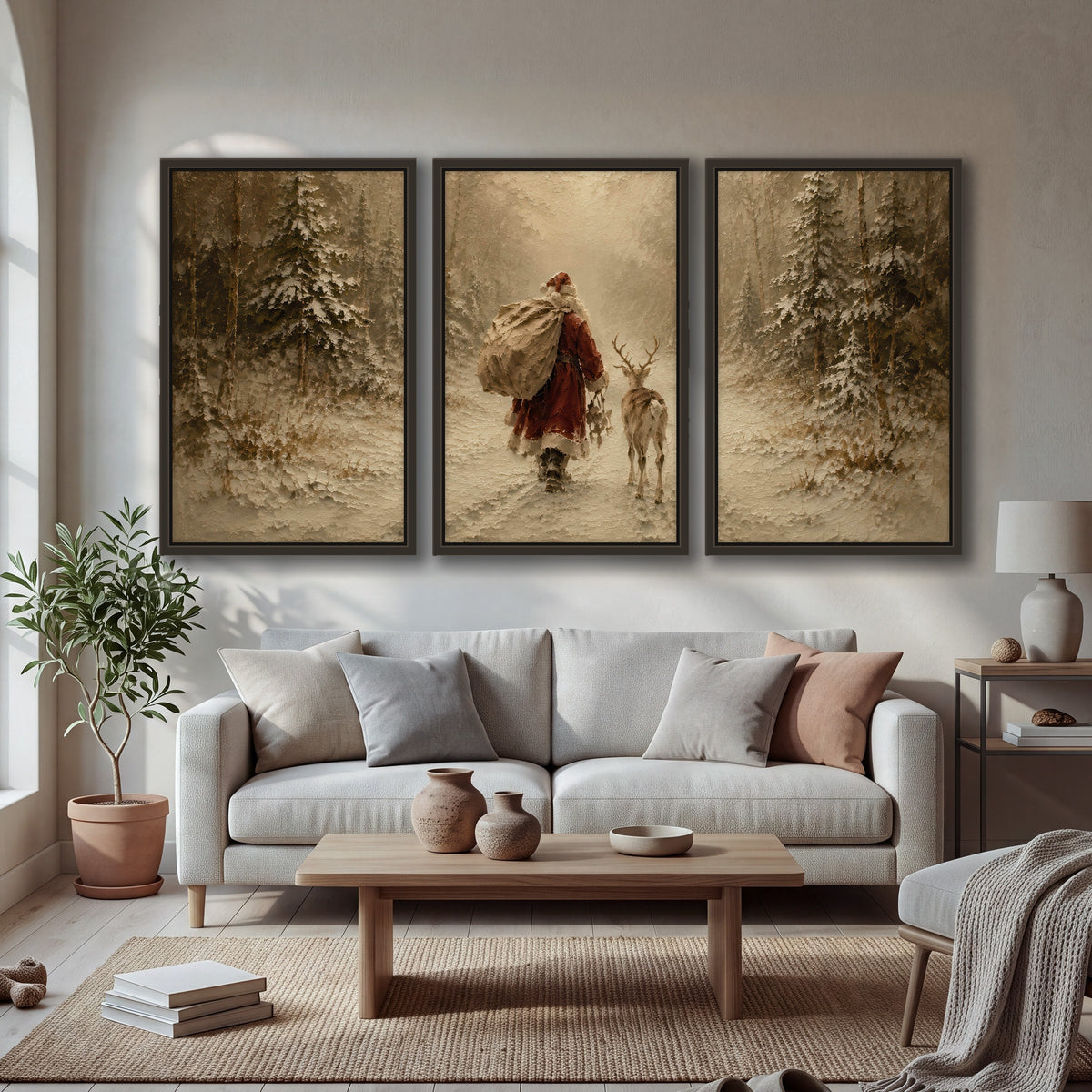 Santa and reindeer painting 3 piece framed canvas in a bright living room
